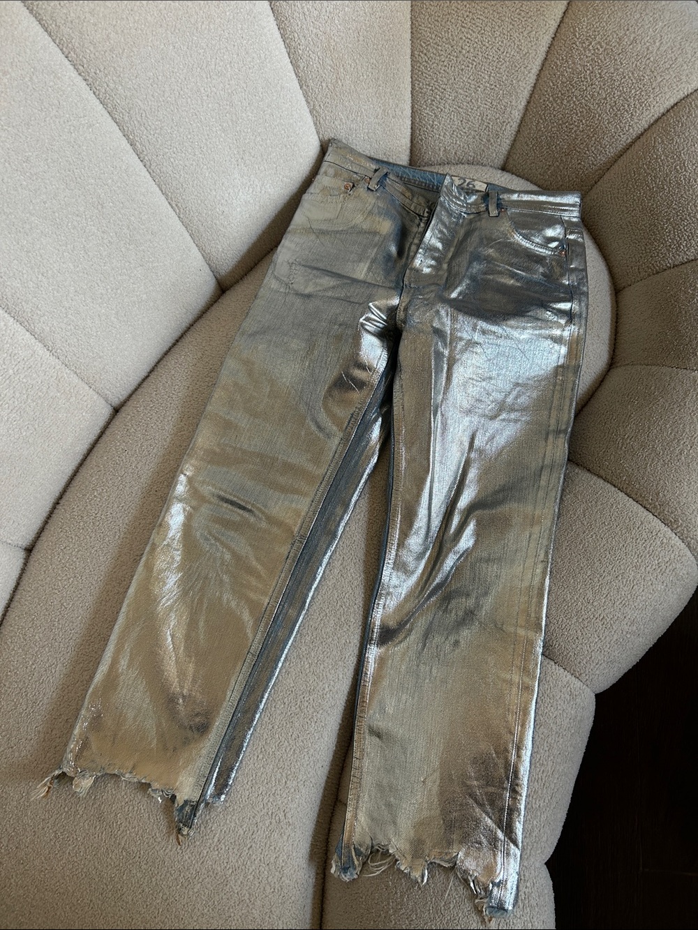 Free People Metallic Silver Straight-Leg Jeans - Picture 1 of 4